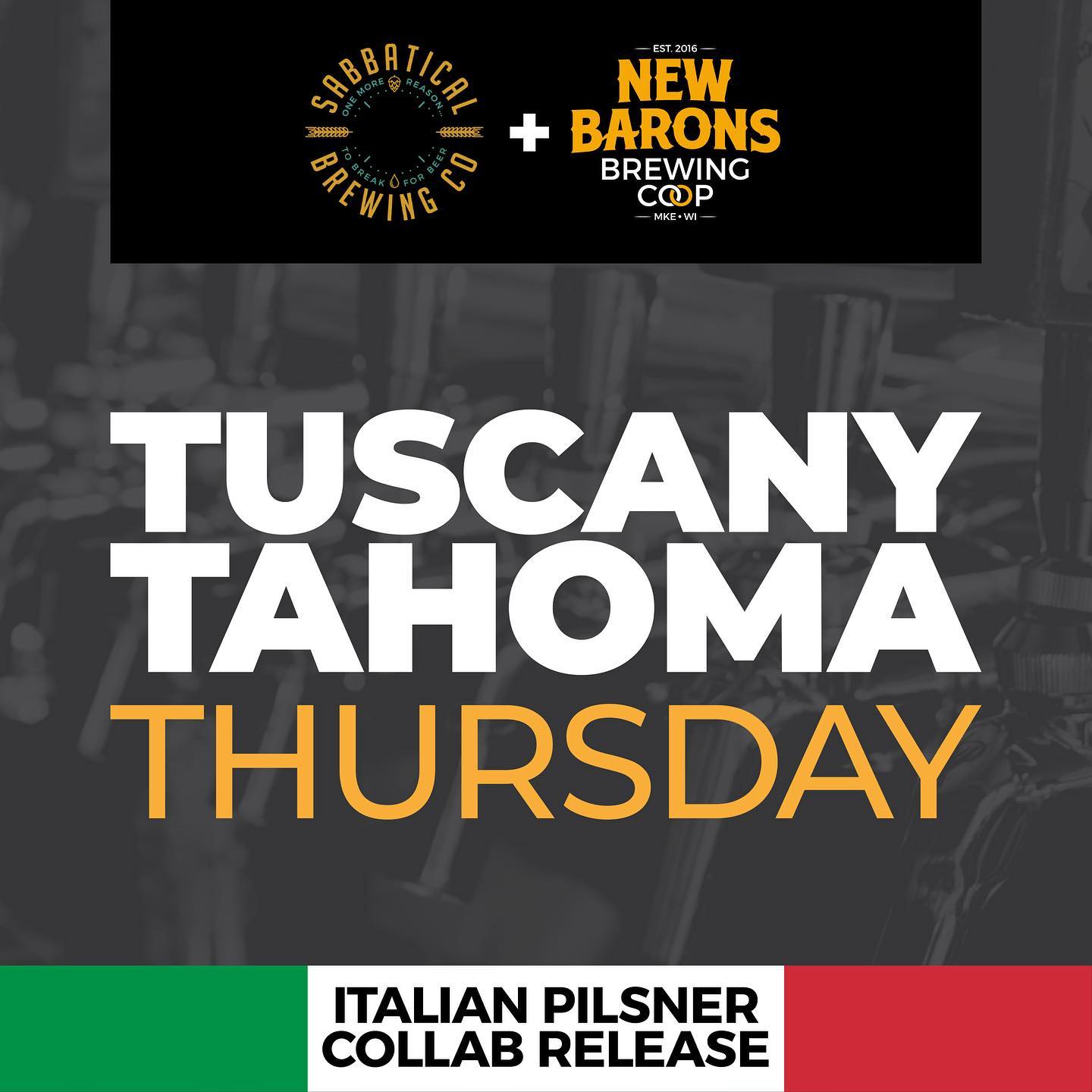 🇮🇹Our Italian Pilsner collaboration with @sabbaticalbeer is being released tomorrow and we want you to KICK THE KEG!💪🏼 Join us tomorrow for this super limited beer release. Tuscany Tahoma highlights Wisconsin grown Tahoma hops and has an herbal, grassy, slightly peppery Flavor profile. The person who kicks the keg will win a $50 gift card to @groppismarket so that they can create their own perfect Tuscan night at home!🍝🤌🏼 Come enjoy a pint and learn more about the process of making an Italian Pils🍻